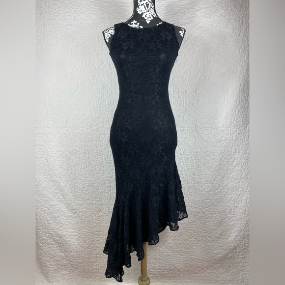 🔥Gorgeous Blondie Nites Lace Flare Ruffle Hem Sleeveless Black Dress XS/S - Picture 3 of 17